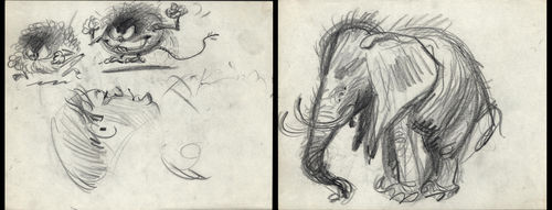 Franquin : Etudes pour le journal Spirou : 2 monstres + 1 Eléphant + 1 Portrait de François Walthéry